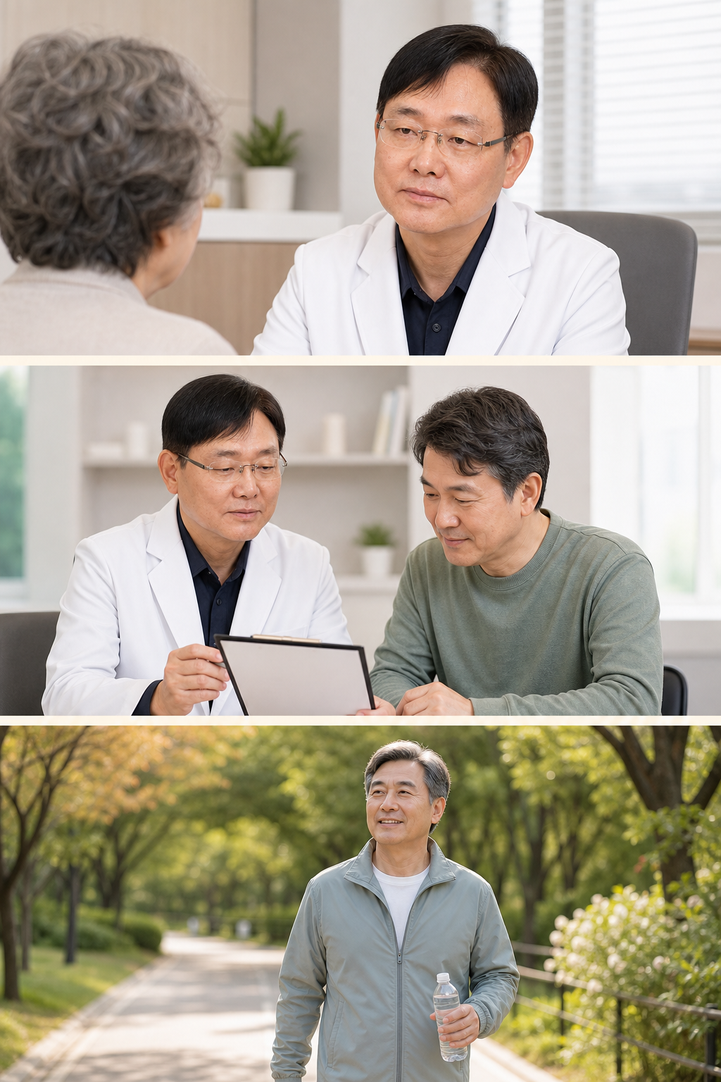 가정의학과 진료 상담, 건강 상담과 일상 속 걷기를 담은 세 장의 사진